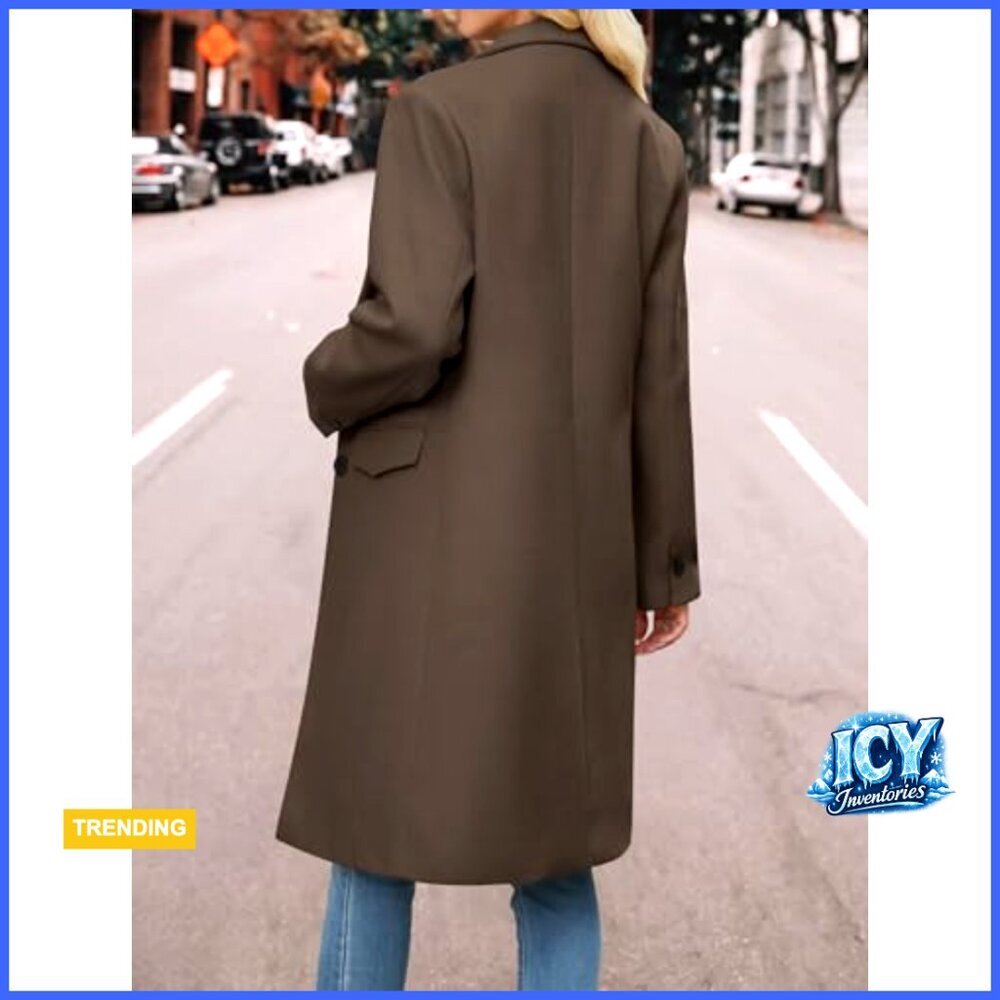 Polyester Pea Coat with Notch Lapel, Knee Length, Loose Fit - Picture 6 of 7